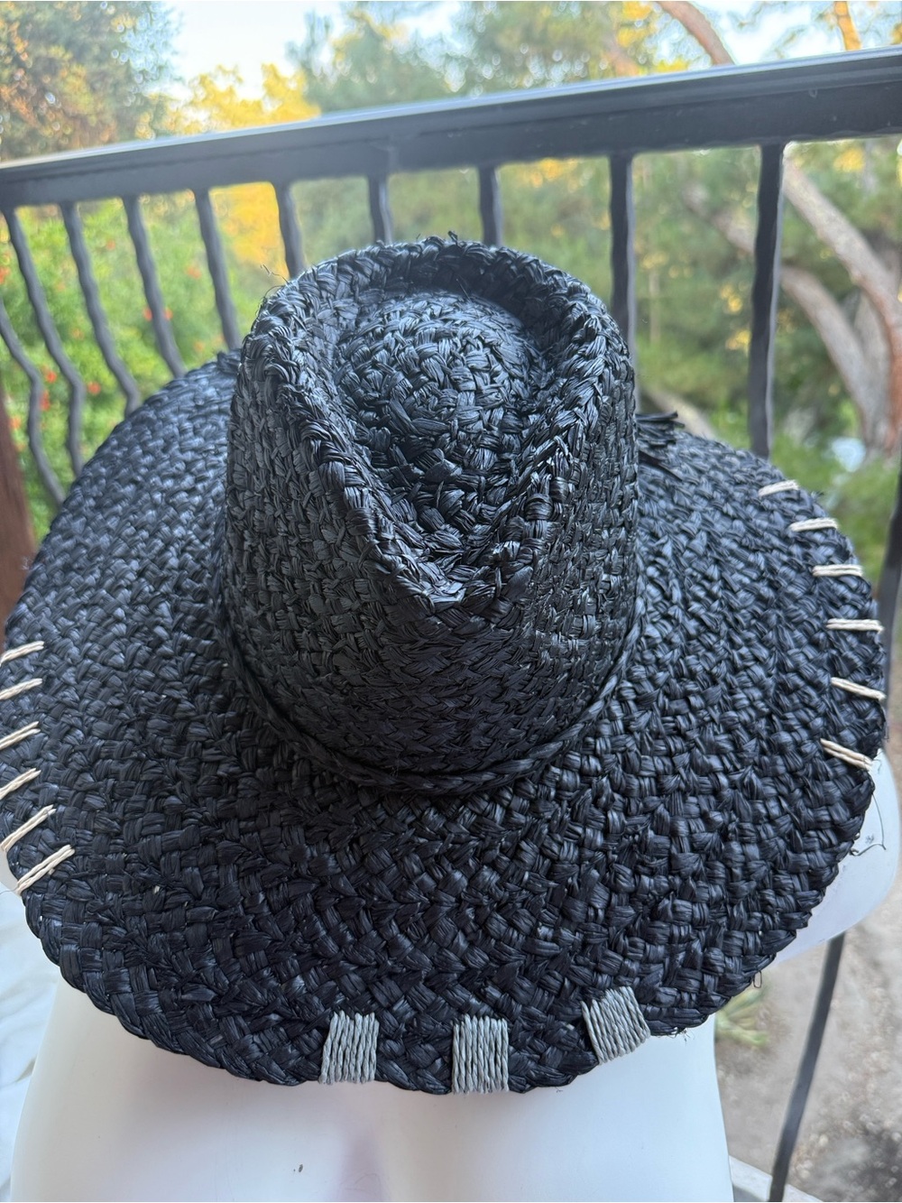 NWT Black‎ Sunhat Straw Hat 100% paper hand Stitching details OS rancher floppy